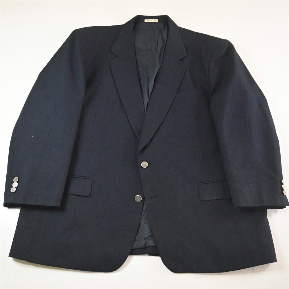 Vtg Mens 54L Navy Blue Flannel Silver Button Mens Blazer Suit Jacket Sport Coat